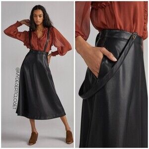 Anthropologie Black Faux Leather Goth Pinafore Skirt with Straps NWT